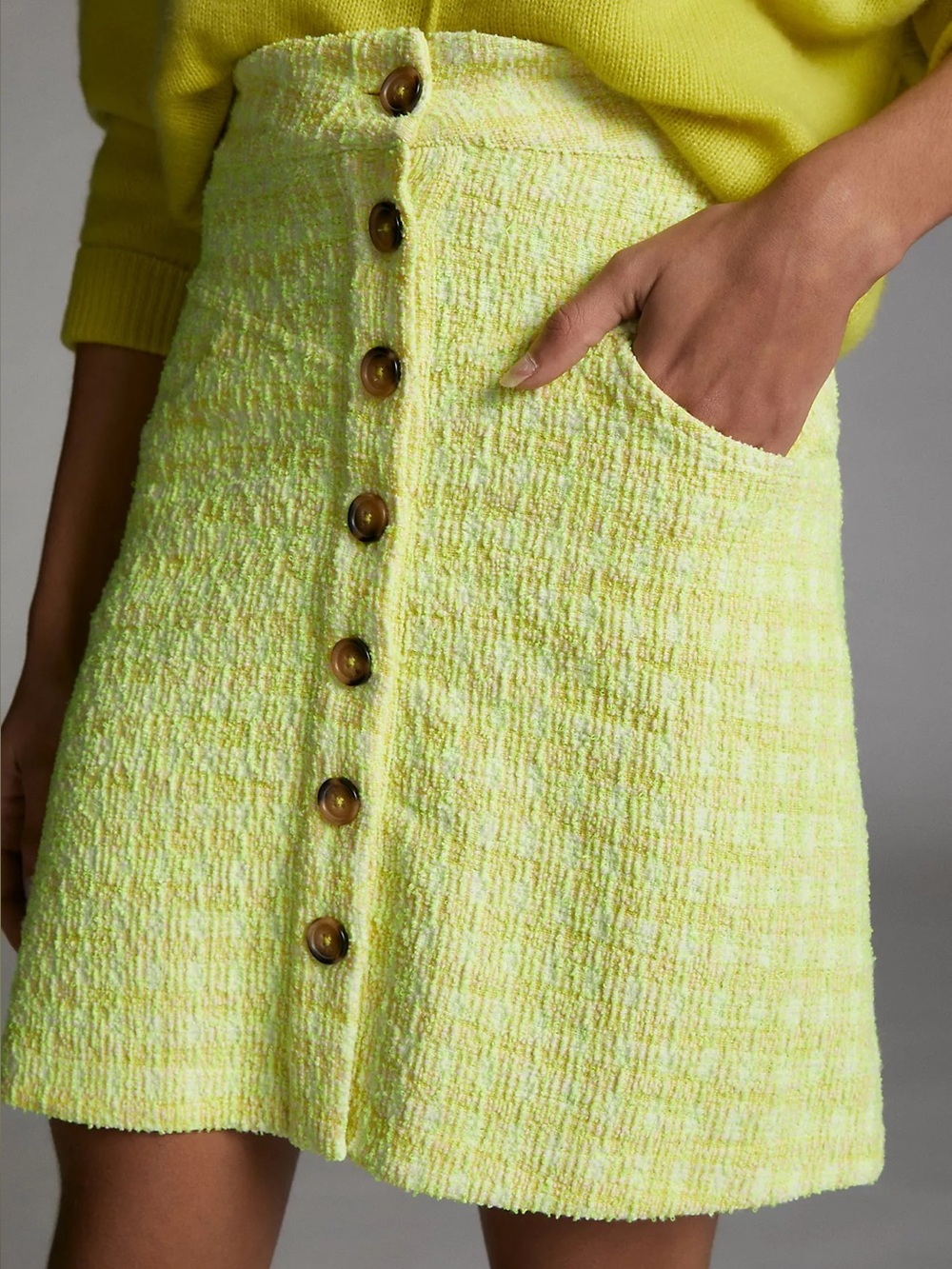 NWT Anthropologie Maeve Candace Textured Mini Skirt Neon Yellow Tweed Size 8